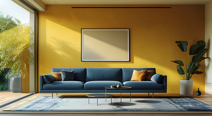 A cozy living room with a blue couch and yellow walls, featuring a table, plant, and large window. The rectangular floor adds to the modern interior design