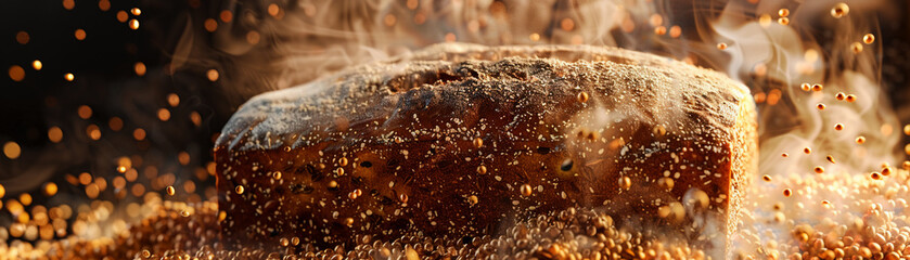 Steam rises from a freshly baked, dense dark bread with a crunchy crust, grains sprinkled around it - obrazy, fototapety, plakaty