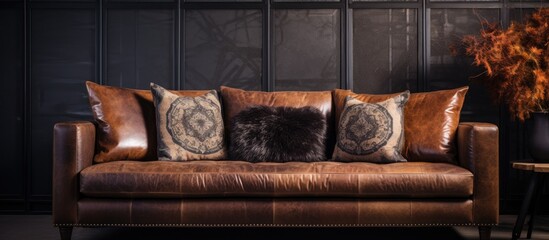 Brown leather sofa adorned with various cushions including a soft fur pillow for a cozy and inviting seating area