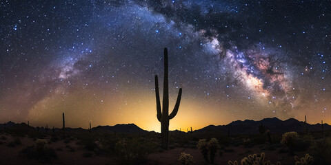 The sky is aglow with stars over a desert landscape, highlighting the silhouette of a Saguaro cactus