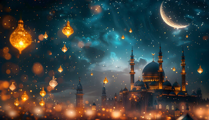 Fototapeta premium Islamic background with moon lanterns and mosque for Ramadan Eid ul Fitr and Eid al Adha celebrations.