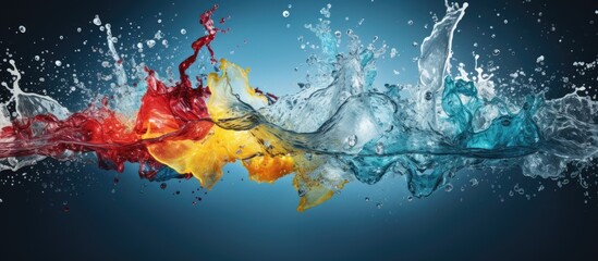 Vibrant splashes of colored water on a sleek blue background, creating a dynamic and artistic display
