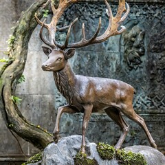 an evocative statue portraying the grace and poise of a deer as a representation of nature's nobility. Utilize mixed media techniques to combine elements of wood, metal, or stone, adding texture and d