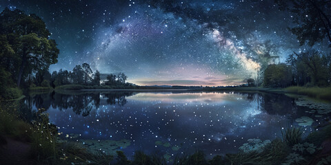 A mesmerizing shot where the Milky Way is reflected on the still waters of a serene lake bordered by trees