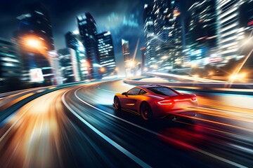 High-speed D car racing on a nighttime highway in a modern city within a racing simulator game. Concept Car Racing, High-speed Gameplay, Nighttime City, Racing Simulator, Modern Graphics - obrazy, fototapety, plakaty