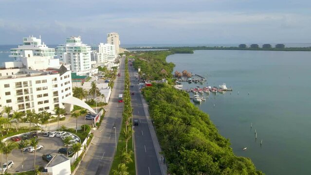 Cancun, Quintana Roo, coast, beach, ocean, roads, trees, cinematic view, aerial, Playa del Carmen, wide shot flying over the coast.