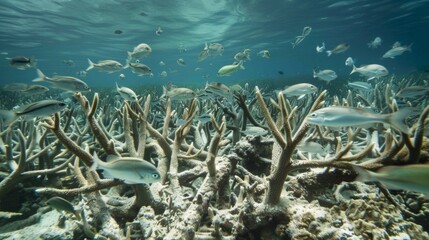 A large school of fish swims through a severely affected area of bleached coral struggling to find a new home in the damaged environment.