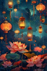 Obraz na płótnie Canvas Vesak decorations with hanging lanterns and blooming lotus flowers. Festive Lantern Festival. Colorful digital illustration. AI Generated