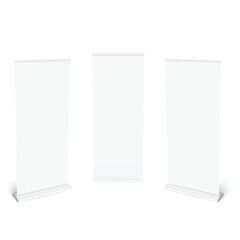 Vertical roll up banner stand isolated on white background. Vector illustration