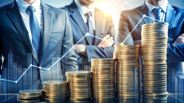 Stack of coins with digital graphic indicator symbolizing business investment and economic growth. Businessmen are making financial plans to achieve financial goals.