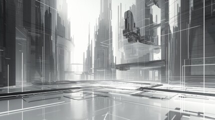 A futuristic cityscape with geometric buildings each one characterized by strong vertical and horizontal lines intersecting with smooth curved edges.