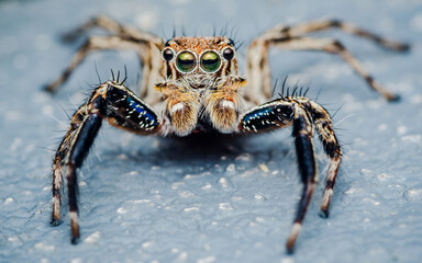 Close up a colorful jumping spider on cement floor, Selective focus, macro shot, Thailand.