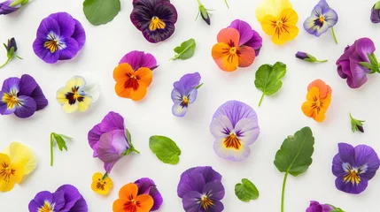  Top view of a vibrant collection of viola pansy flowers and leaves on a white background © Veniamin Kraskov