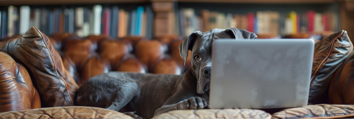 Great Dane Dog in Business Working on Laptop,
Full length of great dane dog lying down on wooden floor and using laptop 3d image - obrazy, fototapety, plakaty