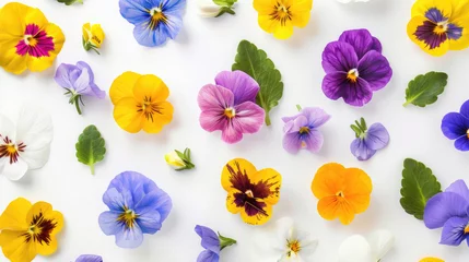 Fotobehang Top view of a vibrant collection of viola pansy flowers and leaves on a white background © Veniamin Kraskov