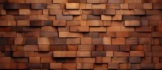 A detailed closeup of a brown wooden wall constructed with rectangular wooden squares. The building material used is hardwood with a beige wood stain