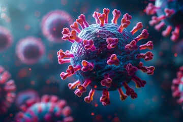 A close up of a virus with pink and blue colors