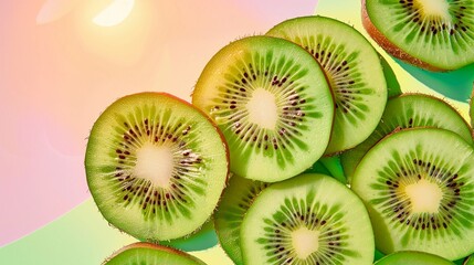 Kiwi sun with vibrant green slices, against a tranquil pastel sky, promoting freshness and natural beauty in a summer setting.