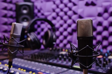 Vibrant lilac acoustic foam in focus, with studio microphones and headphones softly blurred in the background, blending function with aesthetics.