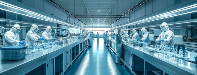 Fototapeta premium A group of people in white lab coats are working in a large room. The room is filled with various bottles and vials, and the workers are focused on their tasks. The atmosphere is serious and focused