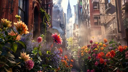 A towering cityscape serves as a backdrop for a group of vibrant flowers blooming in a steam ventfilled alleyway showcasing the resilience of nature in an urban environment.
