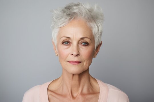 Portrait of a serious senior woman looking at camera against grey background