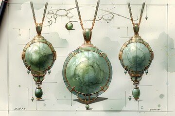 jewelry design draft. a round jade pendant inlaid with gold, the green, jjewelry design draft,...