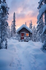 small cabin is covered in snow during the winter