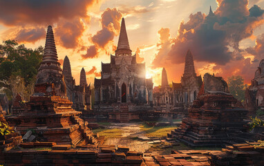 A panoramic view of the ancient temples at Abaya in Thailand, illuminated by golden sunlight against an orange and blue sky.