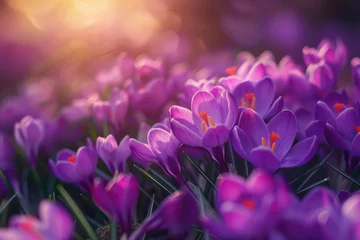 Zelfklevend Fotobehang Stunning purple crocus flowers in full bloom, heralding the arrival of spring © Veniamin Kraskov