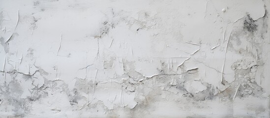 The surface of the aged wall is exposed as the white paint peels off, showcasing a weathered appearance