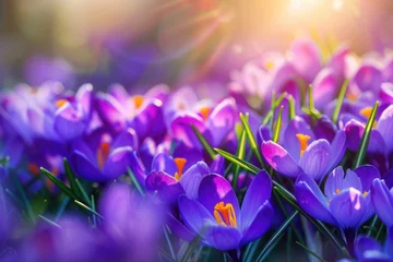Fotobehang Stunning purple crocus flowers in full bloom, heralding the arrival of spring © Veniamin Kraskov