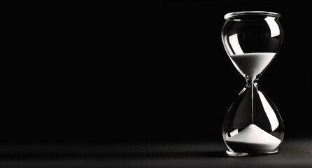 Hourglass on a black background, shown in closeup view with copy space.