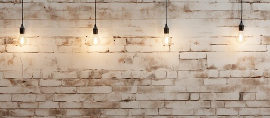 A beige rectangle of hardwood flooring lays beneath a white brick wall adorned with a row of...