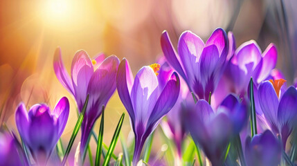Stunning purple crocus flowers in full bloom, heralding the arrival of spring - obrazy, fototapety, plakaty