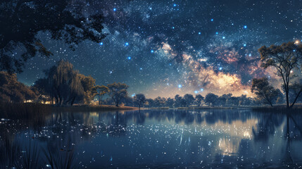 A serene lake under the vast night sky sprinkled with countless stars offers a sense of tranquility...