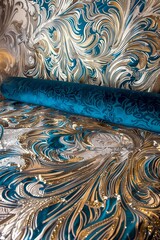 the pattern of a gold and teal fabric, light white and dark aquamarine, finely rendered textures, baroque-inspired ornamentation, 