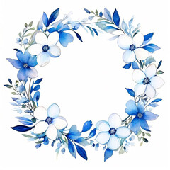 Fototapeta premium watercolor-painted-may-white-flowers-blue-flower-wreaths(1).Generative AI