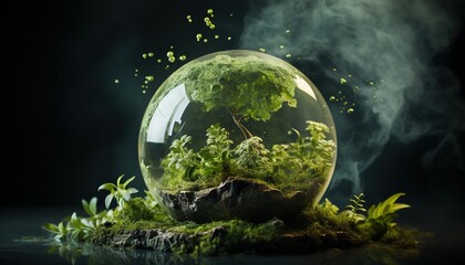 Green Earth globe covered with leaves and plants, Natural green leaf with world globe