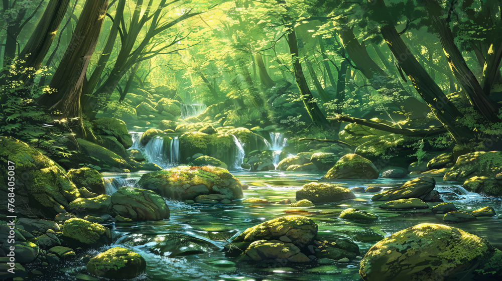 Poster a mythical forest scene with mossy rocks and multiple cascading waterfalls bathed in ethereal light 