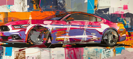 Vibrant car collage with dynamic white lines and modern urban background