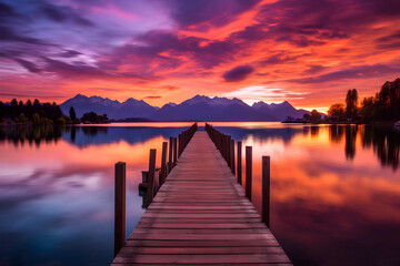 Fototapeta na wymiar Stunning Display of a Fiery Sunset Over the Peaceful Waters and Majestic Mountain Ranges - A Captivating Visual Treat by DG Designer