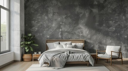 Blank mockup of a sophisticated textured wallpaper in shades of grey adding depth and sophistication to a modern and minimalist bedroom.