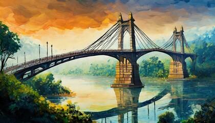 bridge over the river at sunset - obrazy, fototapety, plakaty