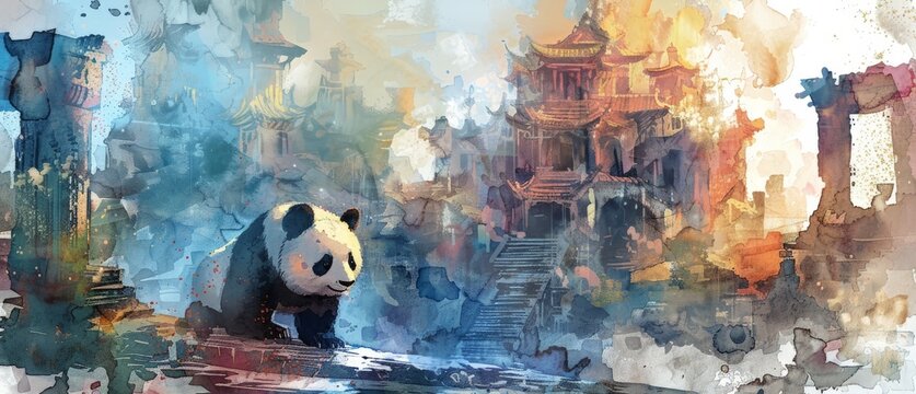 Watercolor painting of a panda climbing on a suburban wall. The giant panda's distinctive feature is the black fur around its eyes, ears, shoulders, and four legs. The rest consists of white fur.