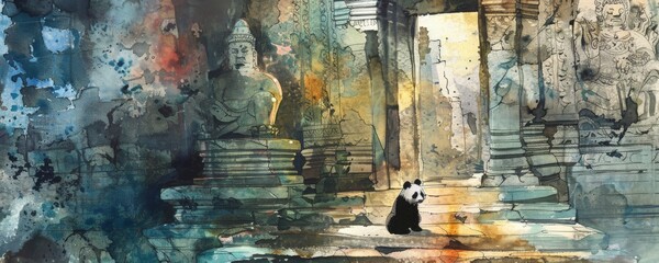 Watercolor painting of a panda confused and lost in an ancient city. The giant panda's distinctive feature is the black fur around its eyes, ears, shoulders, and four legs. 