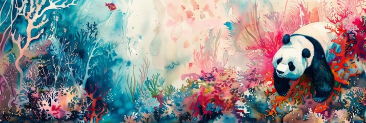 Watercolor painting of a panda, abstract underwater background. The giant panda's distinctive feature is the black fur around its eyes, ears, shoulders, and four legs. The rest consists of white fur. - obrazy, fototapety, plakaty