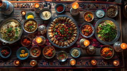 Top view of iftar or suhoor served in Ramadan.