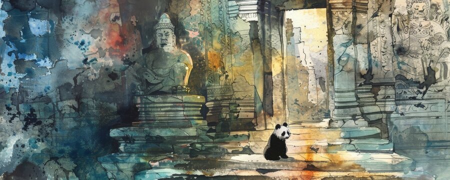 Watercolor painting of a panda confused and lost in an ancient city. The giant panda's distinctive feature is the black fur around its eyes, ears, shoulders, and four legs. 