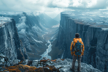 A man hiking stands on the edge of an endless mountain canyon, looking out over rugged terrain and icy waters below. The sky is cloudy with hints of stormy weather. Created with Ai - obrazy, fototapety, plakaty